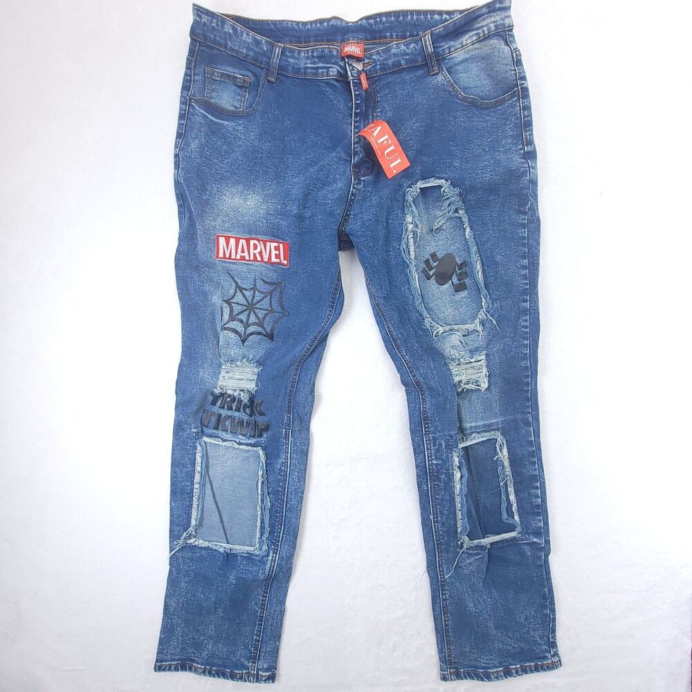 Zaful Marvel Mens XXL 38x30 Blue Denim Jeans Embroidered Distressed NWT